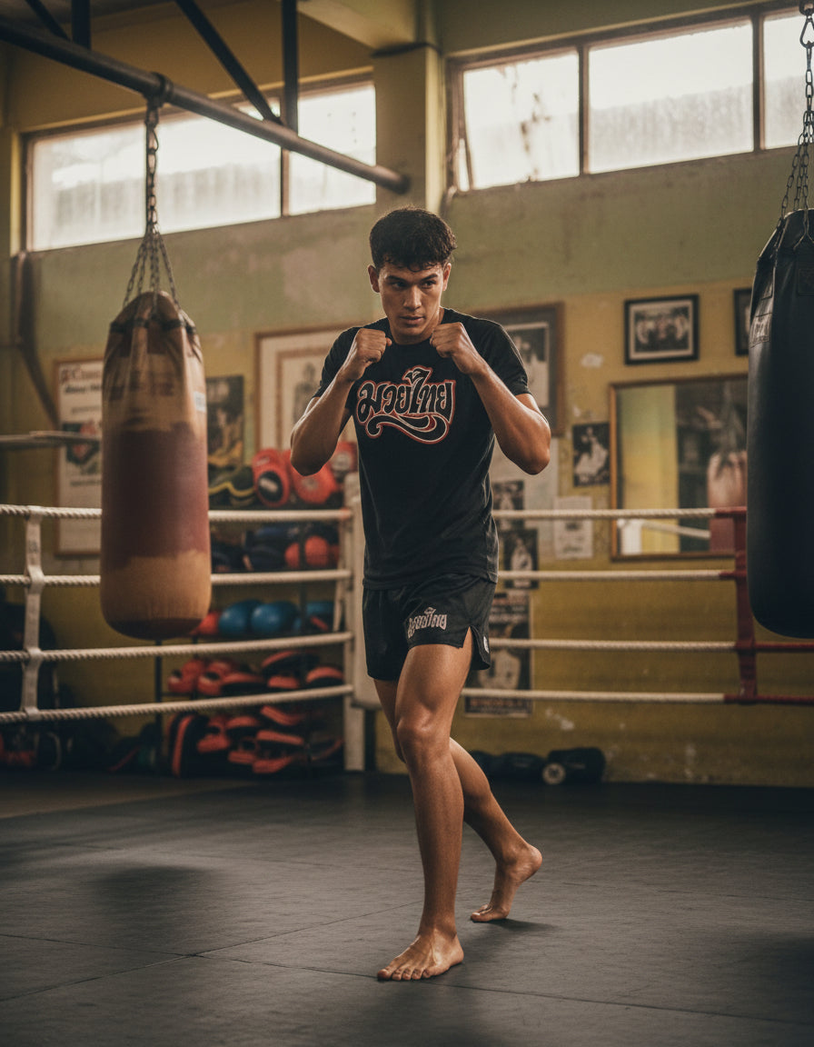 maglietta muay thai nera indossata