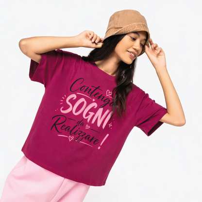 T-shirt donna contengo sogni da realizzare oversize
