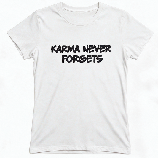 White SERITEX DI SALA SHOP t-shirt with 'KARMA NEVER FORGETS' printed in black text.